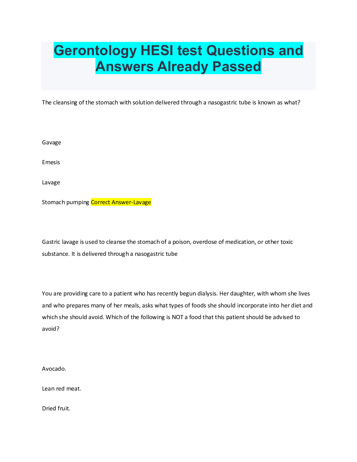 Preview image for Gerontology HESI test Questions and Answers Already Passed